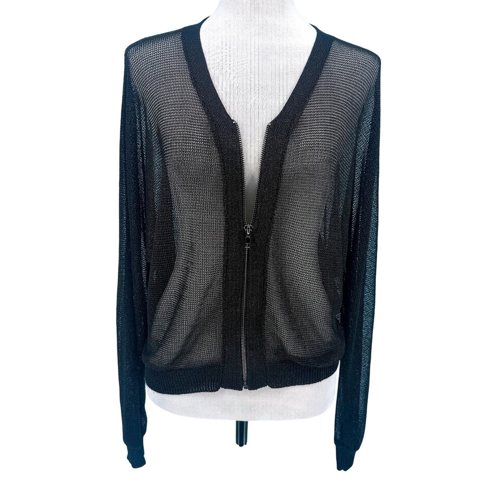 Elan Black Sheer Mesh Zip Up Cardigan‎ Women's Medium SWM11338 *See Pics*
